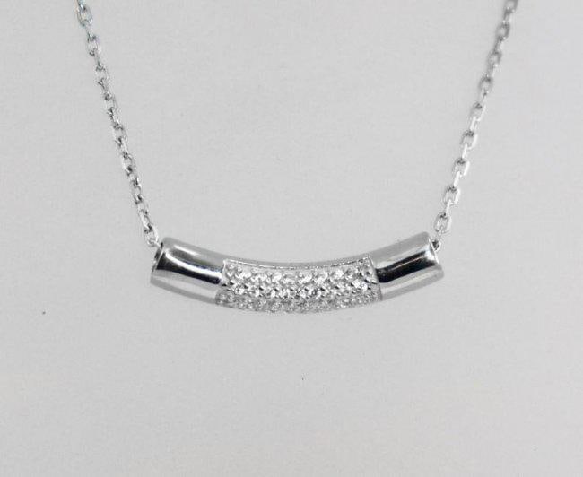Bar Necklace Creation, Diamond .10 CT 18 K W/g Overlays: Gem Type: Creation, Diamond High Quality Item Stone:.30CT, Clarity: VS1, Color: F Length: 18. Inches Width: 1. inches Metal: 4.01 grams 18k white gold overlay 925 silver Design: Bar 