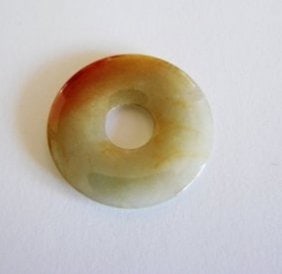 Natural Green Jadeite Jade Donut Pendant Grade B: Genuine Jadeite Jade Item: Pendants Jade Color:Gray-Slightly Red Grade:B Shape: Donut Measurement: L 27x W 10mm Thickness: 3 mm Texture/ Transparency: good texture, semi-translucent Jade