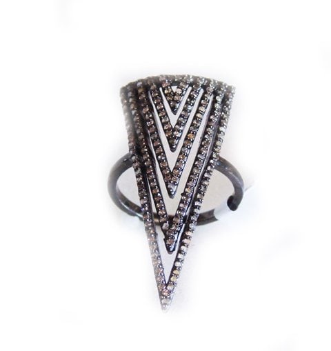 Vintage Inspired Diamond Ring . 67Ct 18K B/g Overlay: Gem Type: Natural Diamond Qty: 1 Item: Ring Triangle shaped (Size: 6.5, Face: 35x15mm) Diamond: .67 carat round Brilliant Clarity: I, Color: K Metal: 18K Black gold Overlay 925,(4.56gram) Band