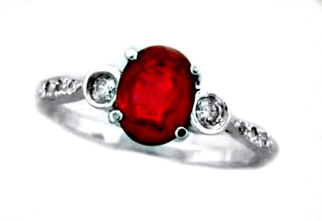 Ruby Ring 1.30Ct & Diamond .22Ct 14k W/g: Gem Type: Natural Ruby and White Diamond Item: Ring (Size: 7) Band thickness: 2-3mm Total diamond weight: .22 Carat Round brilliant diamond Clarity: SI3, Color: H, Treatment: None Gemstone total weigh
