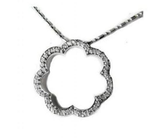 Scallop Diamond Pendant .74 Carat 14k White Gold: Gem Type: Natural Diamond Pendant Quantity: 1 Diamond total weight: .74 carat Clarity: SI1 Color: H-I 14K white gold and 2.38 grams Diameter: 1.25"x1.25" Style: Scallop Pendant will come with 16