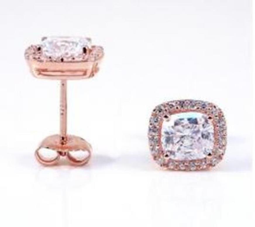 Creation Diamond Stud Earring 2.15Ct 18kR/g Overl: Creation Diamonds Earrings High Quality Item Item: Stud Earrings Stone: 2.15 carat Cushion cut brilliant Clarity: VVS, Color: F Setting name: Micro Pave 18k Rose gold overlay of 925 silver Weight: 1.6