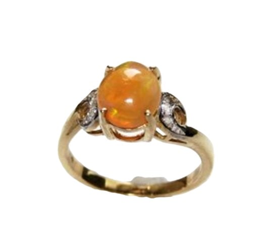 Mexican Opal Ring: 1.57 Ct Dia: .10 CT 14k Y/G: Gem Type: Natural Opal Quantity: 1 Item: Ring Size: 7 Diamond: .10 Carat round Brilliant (Clarity: SI1, Color: H) Opal: 1.57 Carat oval shape: (Clarity: Transparent, Color: Orange, Treatment: None,Ori