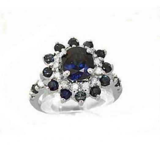 Blue Sapphire:4.39CT, Diamond: .62CT Ring 14k W/G: Gem Type: Natural Sapphire and Diamonds Quantity: 1 Item: Ring (Size: 6.5) Ring face: 3/4" Diamond Weight: .62 carat 16 pieces round brilliant Clarity SI, Color: H-I Sapphire Center: 2.47 Carat Sa