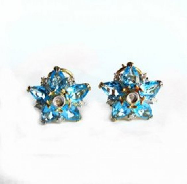 Swiss Blue Topaz Diamond Star Earrings 4.94Ct 14k Y/g: Gems: Natural Swiss Blue Topaz and Diamond 12 Pieces Diamond Weight: .14 Carat Round Brilliant Clarity: SI2, Color: G, Treament: None 10 Pieces Weight: 4.80 Carat Pear Shape Clarity: VS, Color: