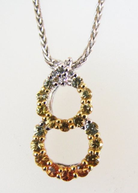 Sapphire Multi Color Diamond Pendant 1.06Ct 14k W/g: Gems: Nature Multi Color Sapphire Item: Pendants Size: 1"L x 1/2" W Diamond Weight: 6 Pieces .08 Carat Clarity: SI1 Color: G-Treatment: None Weight: .98 Carat Round shape Clarity: VS, Color: Multi Gol