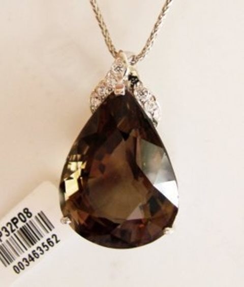 Smoky Topaz Pendant 28.99CT 26x22x13mm: Gem Type: Natural Smokey Topaz/Creation Diamond Quantity: 1 Smoky Topaz: Approx 28.99 Carat (Pear Shaped, Cut: Facet, Size: 27x22x13mm) Clarity: VS1, Color: Light Brown, Treatment: None 