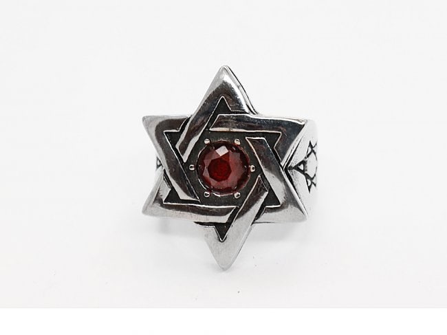 Man's Star David Stainless Steel/Creation Ruby 1.10 CT: Gem Type: Creation Red Ruby Weight: 1.10 Carat, Clarity: VSI, Color: Red Shape/Cut: Round/Facet Cut Face Measurement: 30 mm X 30 mm Weight: 18 grams Size: 10.5 Width Band: 7, Thickness: 1.5 mm