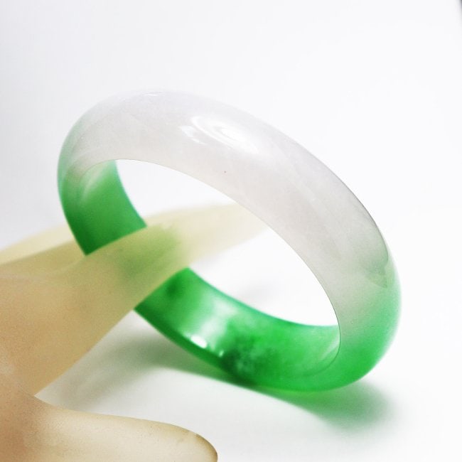 Translucent Solid Green/Creamy Chinese Jade Bangle Size - 2