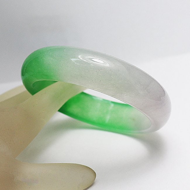 Translucent Solid Green/Creamy Chinese Jade Bangle Size - 2