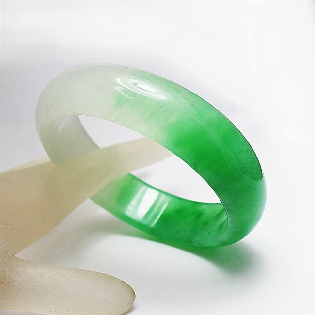Translucent Solid Green/Creamy Chinese Jade Bangle Size - 3