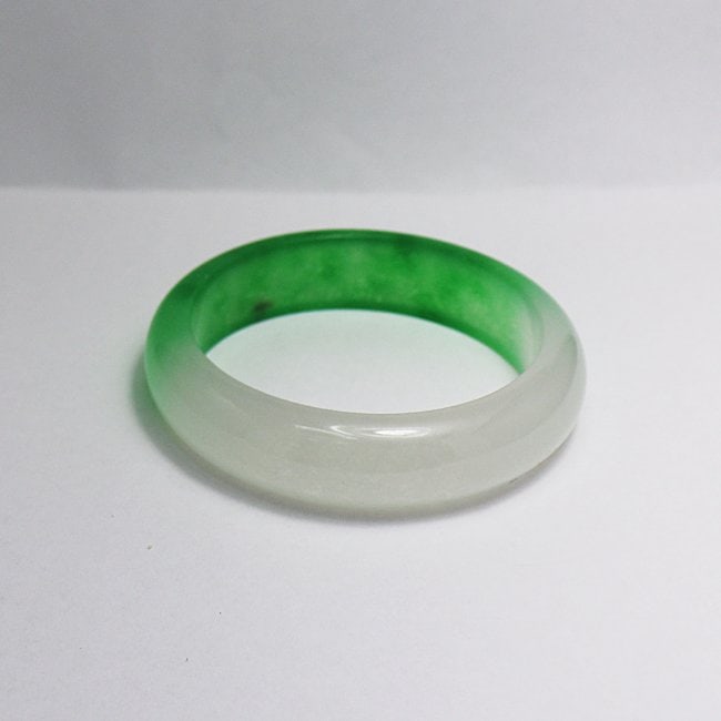 Translucent Solid Green/Creamy Chinese Jade Bangle Size - 3