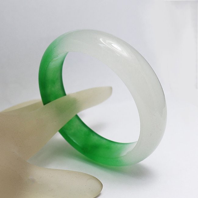 Translucent Solid Green/Creamy Chinese Jade Bangle Size - 4