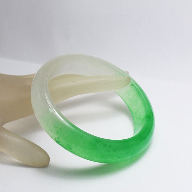 Translucent Solid Green/Creamy Chinese Jade Bangle - 3