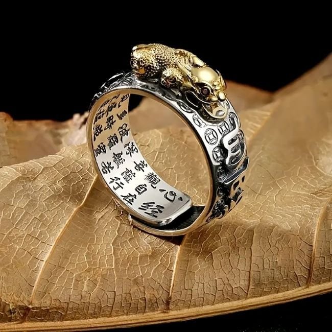 Men's Lucky Charm Feng Shui Pixiu Vintage Ring 22k Gold Overlay Brass: Item: Ring Two-tone Men's Lucky Charm Feng Shui Pixiu Vintage Ring 22k Gold Overlay Brass Size: Adjustable Width: 6-7mm