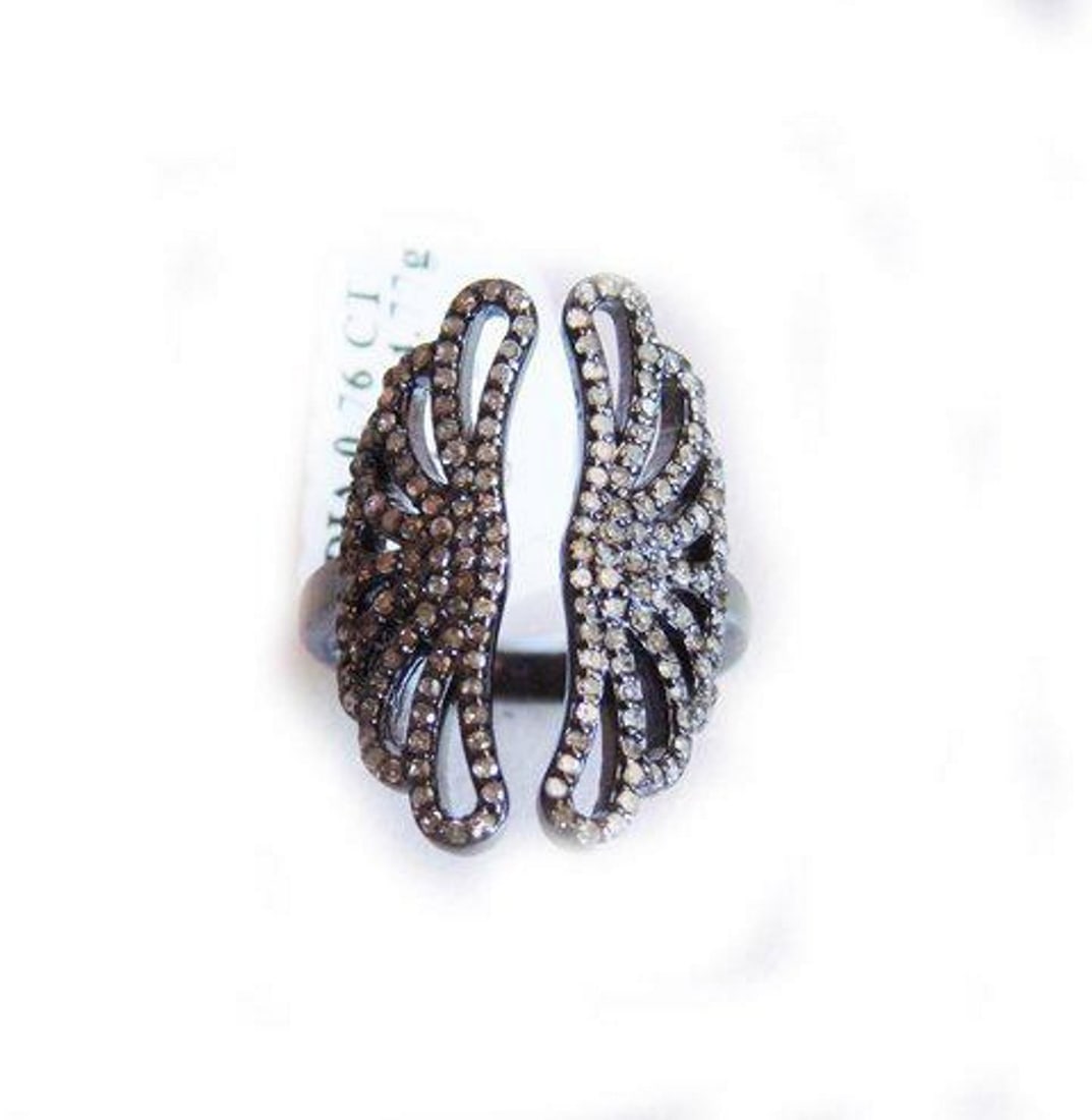 Vintage Inspired Diamond Ring. 79Ct 18k B/g Overlay: Gem Type: Natural Diamond Item: Ring Triangle shaped (Size: 6, Face: 23x18mm) Diamond: .79 carat round Brilliant Clarity: I, Color: K Metal: 18K Black gold Overlay 925,(4.92grm) Band thickness: 2-3 St