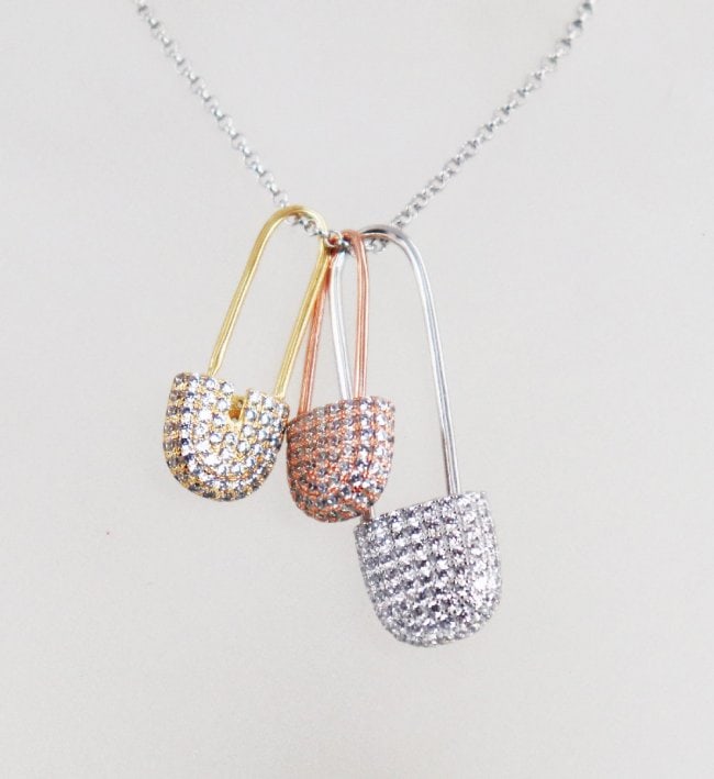 Pins Necklace 1.83 Carat 18k R/Y/W Overlay 925: Gem Type: Creation, Diamond Weight: 1.80 Carat round brilliant Clarity: VSI, Color: F Metal: 9.28 grams, 18k white/yellow/ rose gold overlay 925 Length: 25 inches Style: 3 Pins This item was handmade