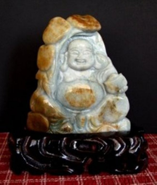 Jadeite Jade Buddhist Grade 'A' 19th Century: Gem: Natural Jadeite Jade 19th Century Hand Carving Buddhist Jade Weight: 3/4 Pound Measurement: High 5.25" x Width: 4.25" Thickness 1/2"inch Grade: 'A', Color: Green, White, Golden, texture Come with