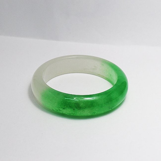 Translucent Solid Green/Creamy Chinese Jade Bangle Size - 2