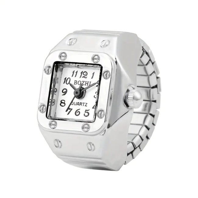 Men's Quartz Watch Ring With Watch, Mini Finger Watch, Not Waterproof: Men's Quartz Watch Ring Qty: 1 Color: White Size: Overall fit: True to size Strap Material: Nylon Dial Shape: Square Waterproof Depth: Not Waterproof Display Type: Pointer Style: Vintage 