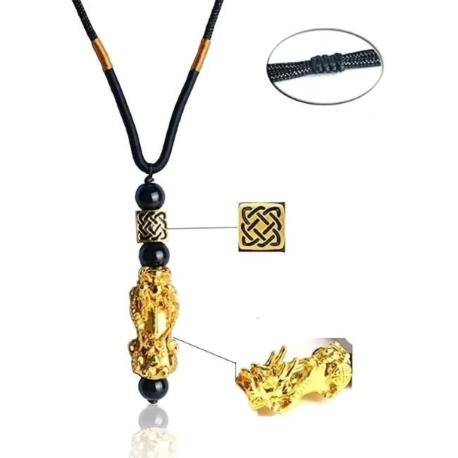 Pi Xiu Dragon Necklace 24k gold Overlay Brass: Item: Necklace for men or women Length: 34 can be adjustable Dragon/Bead: 24 k gold over brass 3 Bead Onyx: 8mm round String: Silk Gorgeous, You would never imagine the quality at this price and the c