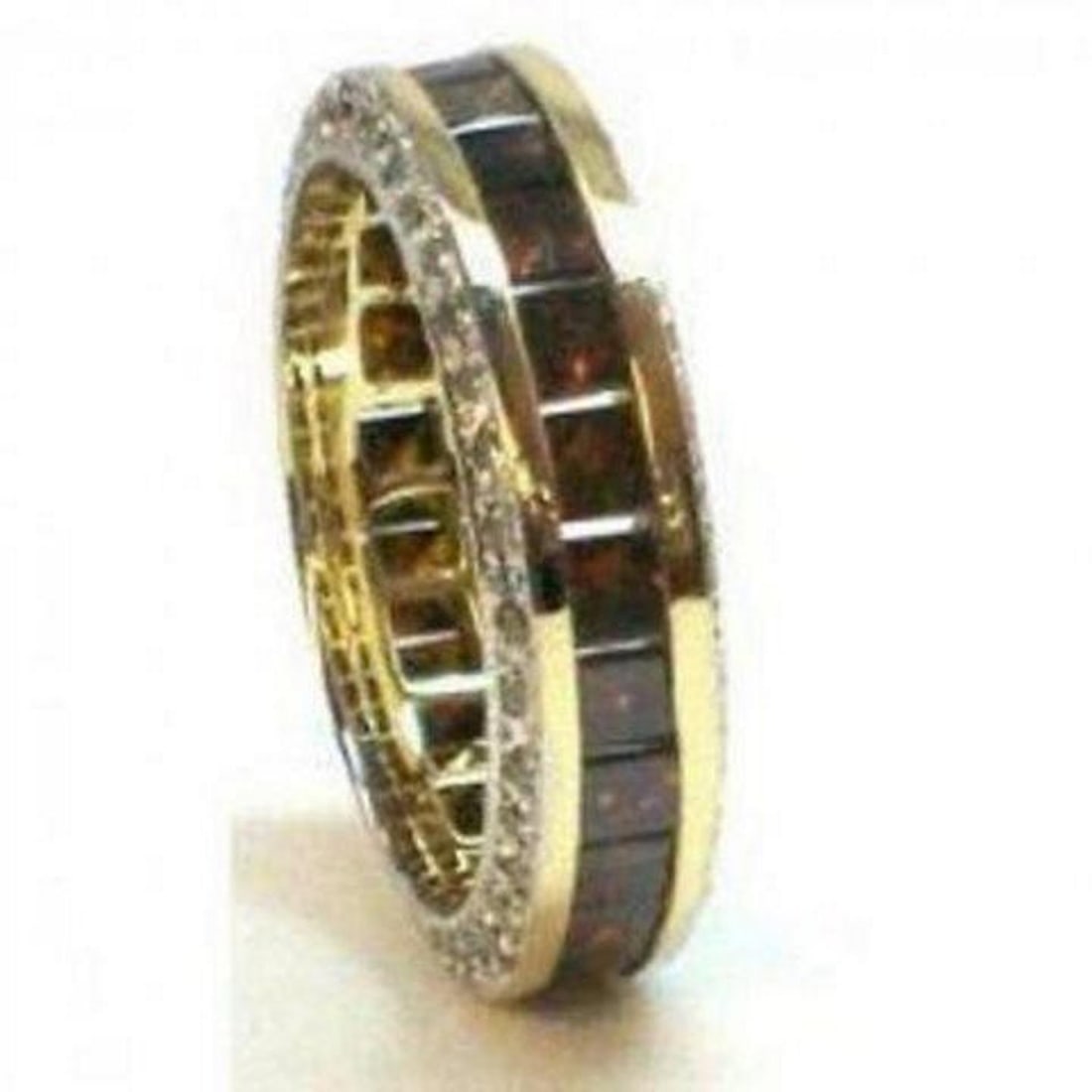 Brown/White Diamond Eternity Ring 4.81Ct 14k Y/g: Gem Type: Natural Brown/White Diamond Quantity: 1 Brown Diamond: 4.01 carat princess cut (Clarity SI1, Color: Fancy Brown) White Diamond: .80 carat round brilliant (Clarity: SI1, Color: J-K) Gold: