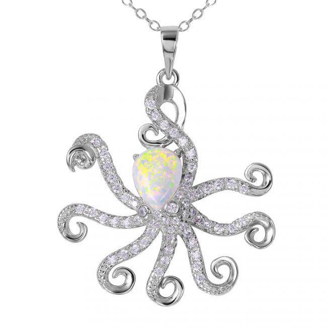 Creation, Diamond Octopus Necklace 18k W/G Overlay: Stone: Creation, Diamond/Opal Stone: 61 pieces, Clarity: VS1, Color: F, Shaped: Round Brilliant Opal Item: Octopus Necklace Opal Length: 17 Opal Pendant Dimensions: 26mm x 29mm Opal Metal: 18K white g