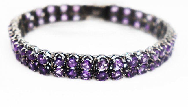 Amethyst Bracelet 2 Layer 27.40 CT 18K Antique /g Overlay: Gem Type: Amethyst Weight: 27.40 Carat, 66 pieces Round Shaped (4mm) Clarity: Transparent Color: Violet Hardness: 7 Length: 7 inches Metal25.75 grams 18k Antique gold overlay Style: Tennis