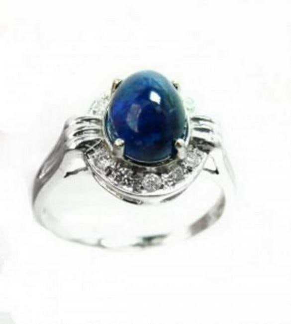 Blue Sapphire Cabochon Diamond Ring 2.85Ct 14k W/g: Gem: Natural Blue Sapphire & Diamond Item: Ring Diamond: 10 Pieces .27 carat Round Brilliant Clarity: SI2, Color: H,Treatment:None Center Sapphire: 2.58 carat Cabochon Oval Measurement: 8x6 mm Clarity