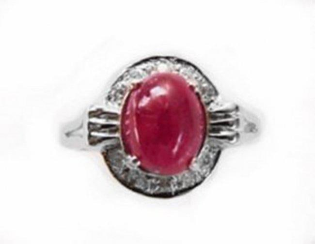 Anniversary Ruby Cabochon Diamond Ring 2.91Ct 14k W/g: Gem: Natural Ruby & Diamond Item: Ring Diamond: 10 Pieces .27 carat Round Brilliant Clarity: SI2, Color: H,Treatment:None Ruby Weight: 2.64 carat Cabochon Oval Clarity:Transparent/Translucent-Color: R