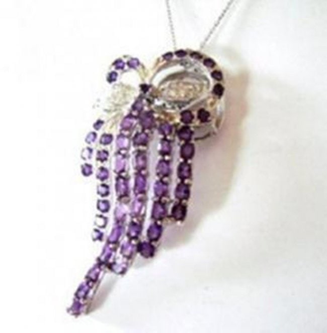 Amethyst Pendant Creation Diamond 7.27Ct 18kW/g Overlay: Gems Type: Natural Amethyst and Creation Diamond Item: Pendant and Brooch pin (54 Pieces, Round/Oval Shape) Weight: 6.87 Carat(4x3mm to 3.5x3.5mm) Clarity: VS, Color: Violet, Treatment: None 16 Pieces