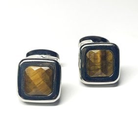 Men Cufflink Tiger Eye 18k W/g Overlay: Gems Type:Natural Tiger Eye Square Cabochon Measurement: 11.3x17 mm Clarity: Translucent,Color:Brown Cufflink Size: L 1"inch x W 17.3mm Shape: Square Metal: 18k White Gold Overlay Stainless Steel