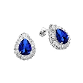 Creation Diamond & Sapphire Earring 4.35Ct 18k W/g Overlay 925: Creation Diamond and Sapphire High Quality Item Quantity:Pairs Center: 3.45 Carat Pear Facet Measurement: 9x7 mm Clarity:VS,Color:Blue Baguette:.90Carat VS-1 Color F Setting name: Prong Setting 18k Wh