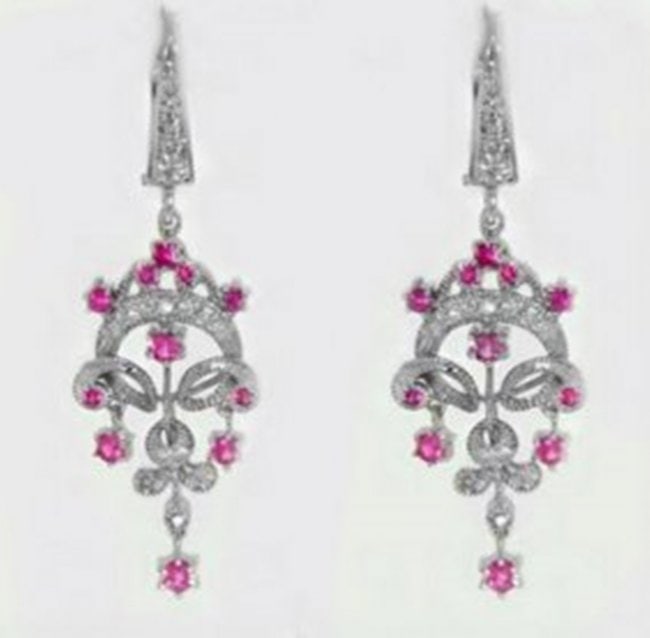 Pink Sapphire Diamond Chandelier Earring 1.47Ct 14k W/g: Gem Type: Natural Pink Sapphire and Diamonds Item: Earrings 30 Pieces Diamond: .60 Carat Round Brilliant Clarity: SI1, Color: H Treatment: None 20 Pieces Pink Sapphire: .87 carat Round Facet cut Clari