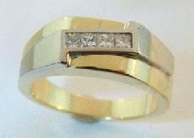 Man's Diamond Ring .40Ct 14k Yellow Gold: Gem Type: Natural Diamond Qty: 1 Condition: New Item: Ring (Size: 10) Band thickness: 5-6mm Total diamond weight: .40 carat 4 pieces princess cut shaped Clarity: SI-1, Color: H-I Metal: 14k solid yell