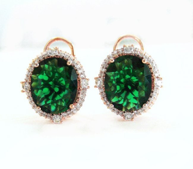 Creation Green Tourm Dia-Earring13.68Ct 18k R/g Overlay: Creation Green Tourmaline Diamond High Quality Item: Earrings 2 Center Weight:11.50 Carat Oval Facet Clarity: VS-Color: Green Measurement:12x10 mm 120 Pieces Creation Diamond Weight:2.18 Carat Round B