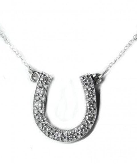 hores Shoe Diamond Necklace Setting in 14k W/g: Gem Type: Natural White Diamond Hores Shoe Pendant .85 carat natural round brilliant of diamond Clarity: SI-3 Color: H-I Metal: 14k in white gold 2.85 grams Length: Approximately: 1." Style: Hours Sh
