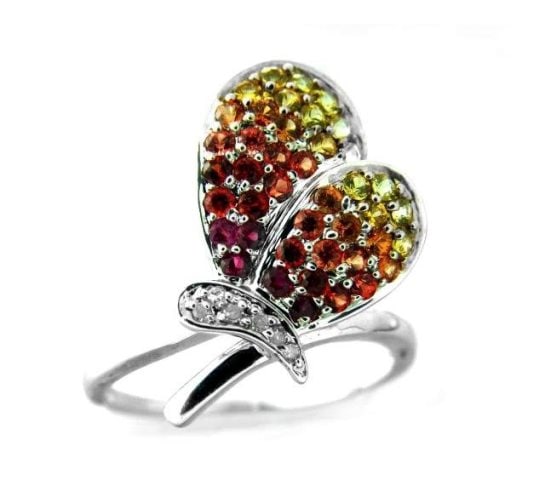 Multi Color Sapphire Butterfly Ring .90 Ct: Gem: Natural Multi Color Sapphire Quantity: 1 Diamond total weight: .20 carat round brilliant (Clarity: SI1-I1 Color: G-H) Sapphire total weight: .70 carat round shape(Clarity: Transparent Color: Mult