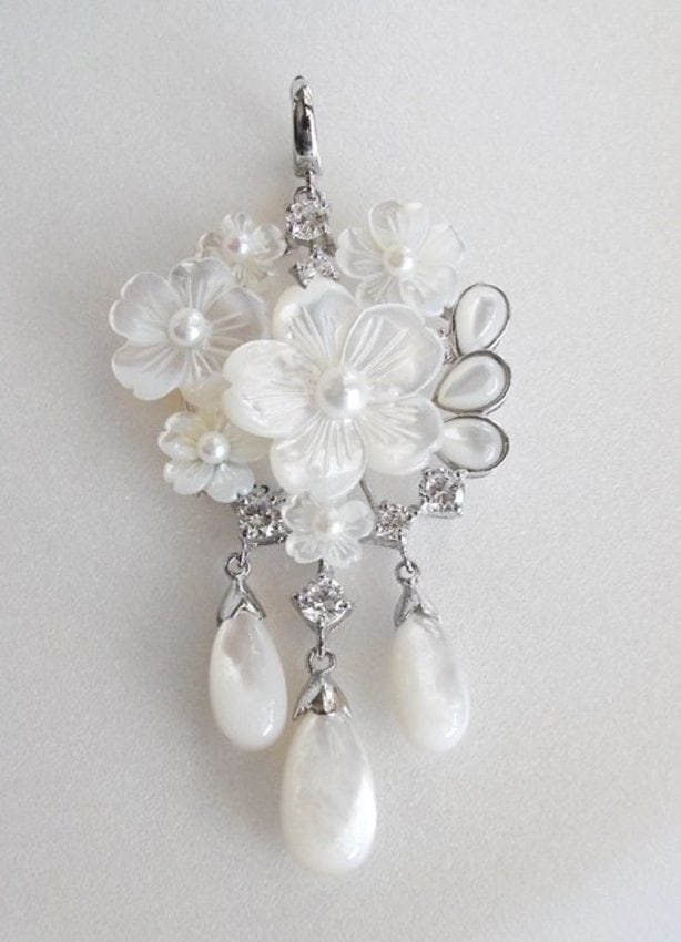 Mabe/ Pearl Pendant and Pin/ 18K W/G Overlay: Gem Type: Freshwater Pearl and Mabe Pearl and Creation, Diamond Qty: 1 Item: Pendant or Pin Length: 3.50" Width: 1.72" Color: Creamy/White Metal: 18k white gold overlay 925 (20.86) Estimated Value Pri