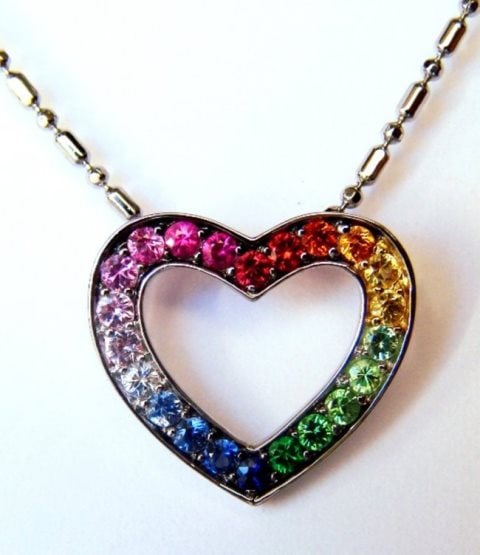 Heart Sapphire Multi Color Pendant .68Ct 14k W/g: Gems: Nature Multi Sapphire Color: Multi/Blue/ Pink/Yellow/ Orange/ Purple/ White Weight: .68 Carat (Clarity: Transparent, Treatment: Heated, Hardness 9) Origin: Sri Lanka) Metal: 14k solid white gold