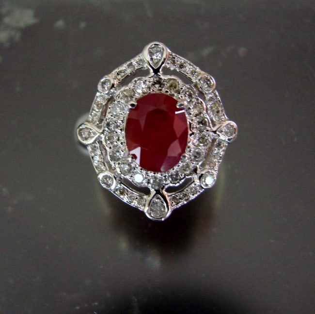 Ring Natural Ruby Diamond 5.94Ct 14k Y/g: Gem Type: Natural Ruby and Diamond 50 Pieces Diamond:1.49 carat round brilliant Clarity SI2,Color: H, Treatment: None Ruby: 4.45 carat Round shape Clarity: SI, Color Red Pigeon Blood Treatment: Fractu