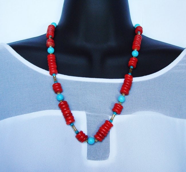 Natural Red Coral/Turquoise Necklace Gold Filled Clasp (1 of 3)
