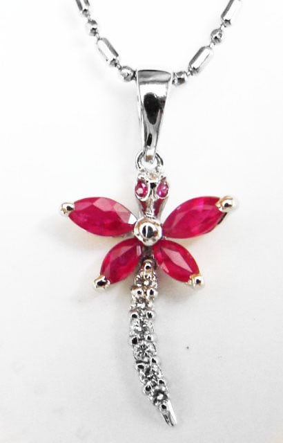Diamond Ruby Dragon Fly Pendant: .54 Ct 14k W/g: Gem type: Natural Diamonds and Ruby Item: Pendants Diamonds 6 Pieces Weight: .12 carat Round brilliant (Clarity: VS2, Color: H, Treatment: None) Marquise and Round Ruby 6 Pieces Weight: .42 Carat