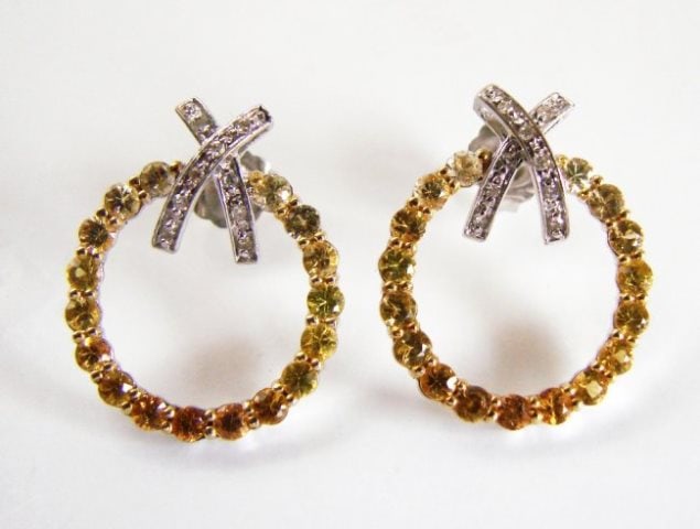 Diamond&multi Sapphire Earrings 3.25Ct 14k Wg: Gems: Natural Diamonds and Multicolor Sapphire Diamonds 20 Pieces Weight:.19 Carat Round Brilliant (Clarity:SI1,Color:H, Treatment: None) Sapphire 34 PiecesWeight: 3.06 Carat Round Facet (Clarity: