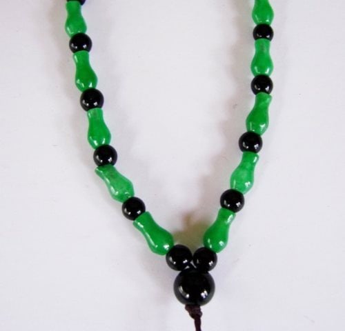 Natural Jadeite Jade & Agate Necklace: Natural Jadeite Jade and Agate Item: Necklace 44 Pieces Jade cut: Vases Grade: 2A Origin: Beijing China (Mainland) Color: Green 46 Pieces Agate Bead Measurement:8.2 x 5 mm Black Color, Clarity: