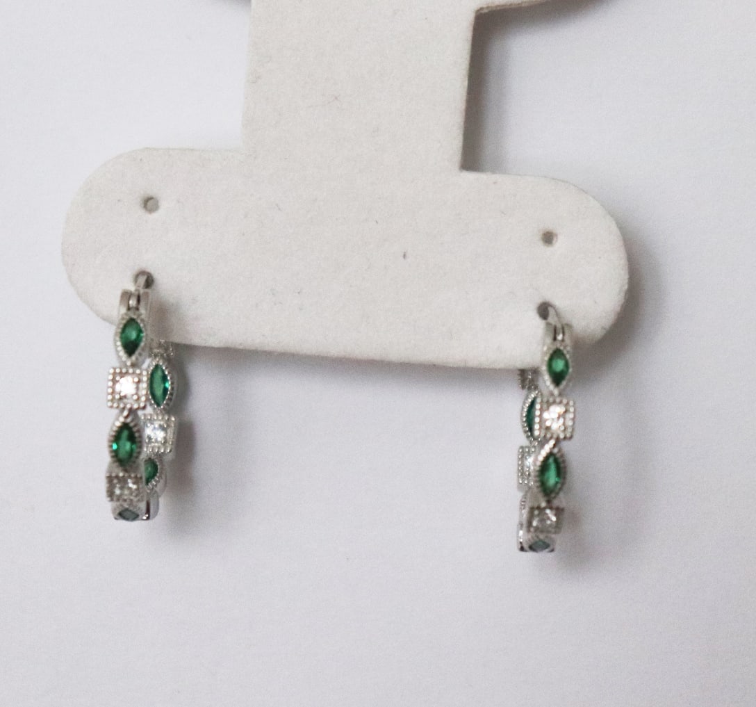 Creation Diamond Emerald Earrings 1.70Ct 18k W/g Overlay: Creation Diamond Emerald Hoop Earrings and High Quality Item: Hoop Earrings 10 Pieces Weight: .90 carat round Brilliant (Clarity: VVS, Color: F) 10 Pieces Marquise Weight: .80 Carat Clarity: VS,Clolor
