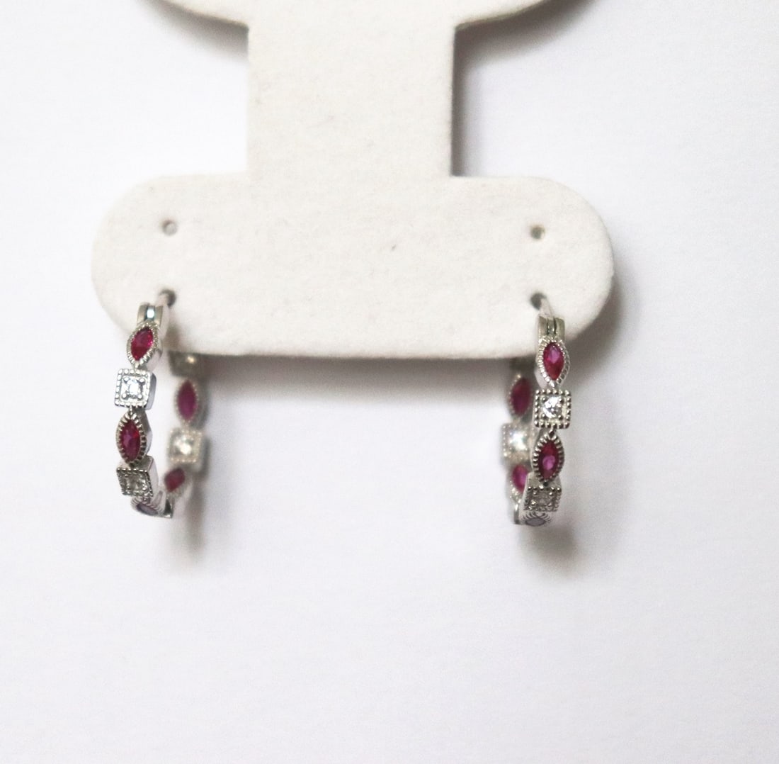 Creation Diamond Ruby Earrings 1.70Ct 18k W/g Overlay: Creation Diamond Ruby Hoop Earrings and High Quality Item: Hoop Earrings 10 Pieces Weight: .90 carat round Brilliant (Clarity: VVS, Color: F) 10 Pieces Marquise Weight: .80 Carat Clarity: VS,Clolor: R