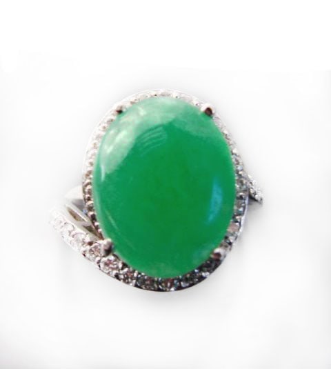 Diamond-Jadeite Jade Ring 13.95Ct 14k W/g: Gems Type: Natural Jadeite Jade and Diamonds Diamonds 32 Pieces, Weight: .80 Carat Clarity: SI2, Color: H,Treatment: None Center Jade, Weight: 13.15 Carat Cut: Cabochon Oval-Grade: A Color: Green Meta