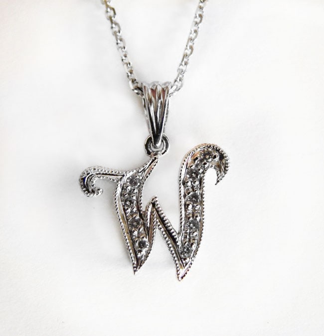 Initial Pendant 'W' Diamond .09Ct 14k W/g: Gem Type: Natural Diamond Item:Pendant Diamond 9 Pieces weight: .09 carat Clarity: VS1,Color: G 14K white gold and 2.51 grams Diameter: 16x11 mm Style: Initial English Writing Pendant will come with 1