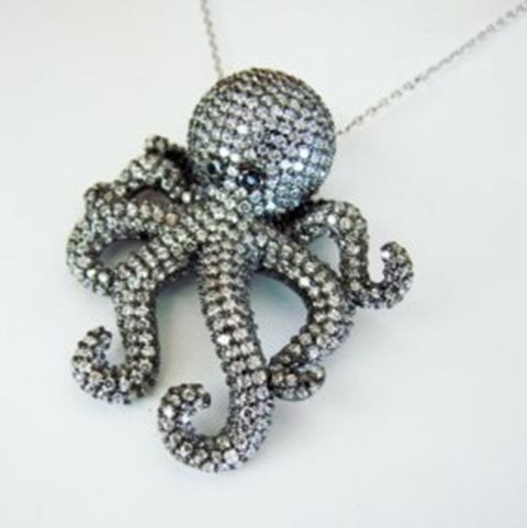 Creation Diamond Octopus Pendant 4.56Ct 18k B/g Overlay: Creation Diamond & White and Black High Quality Item: Pendant Weight: 4.51 Carat Round Brilliant Clarity: VVS, Color: F Black: .05 Carat Round Pendant Size: L 1.1/2" x W 1.1/4" inch Setting: Micro Pav